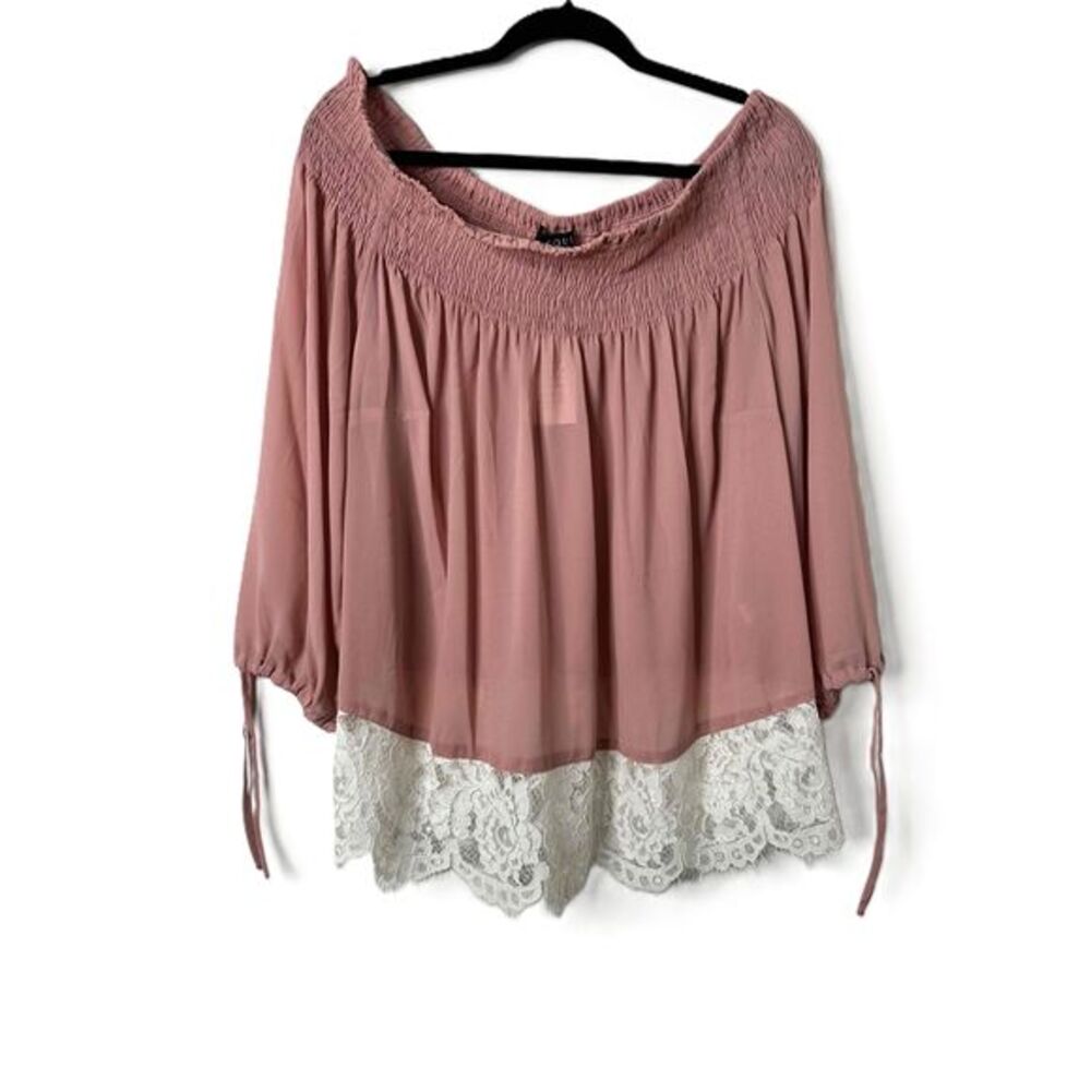 NWT ELOQUII Blouse Womens Size 16 Pink White Off Shoulder Lace Trim Long Sleeve